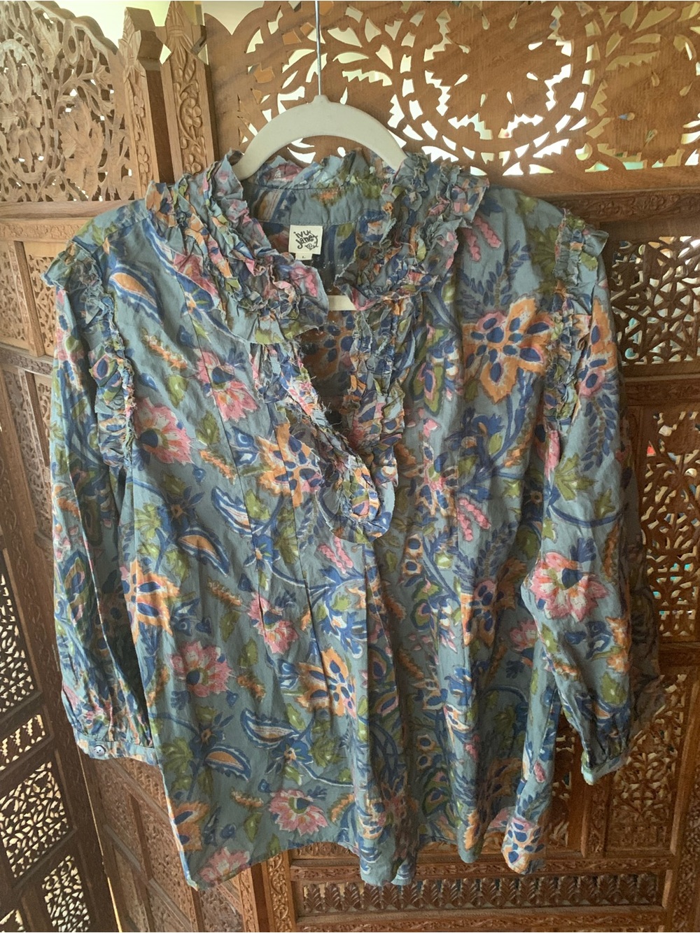 ivy jane Blue Floral Ruffle Neck Blouse